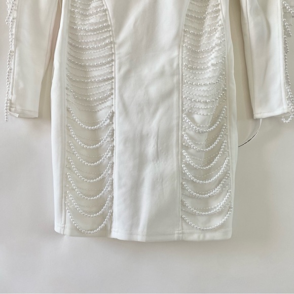 NWT Starlet Bead Embellished Sheer Mesh Panels Long Sleeve Mini Dress White 2 - Picture 11 of 14